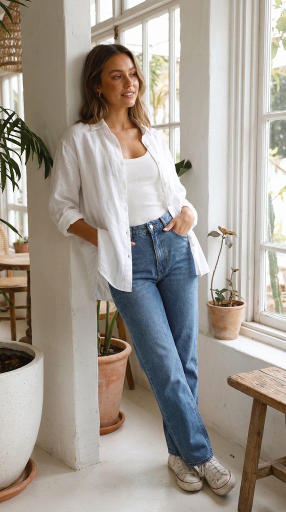 Woman in oversized white button-up shirt, white tank top, and denim jeans.