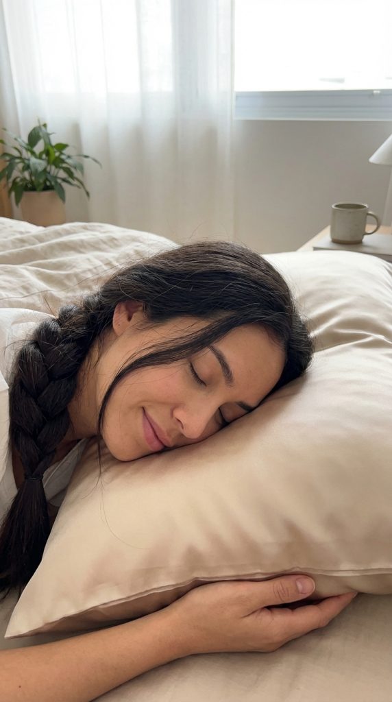 Woman with loose braid sleeping on silk pillowcase, protective hairstyle.