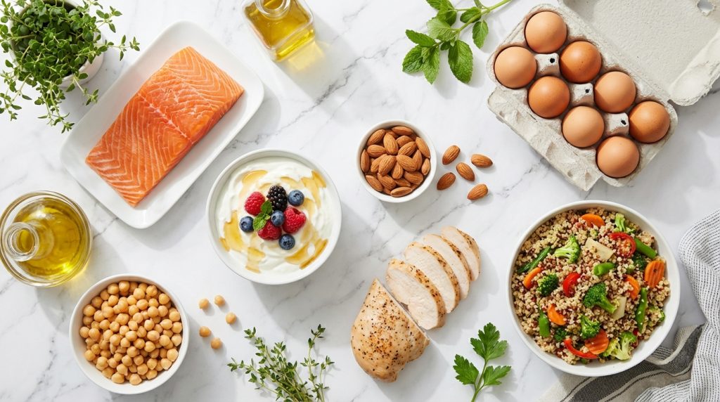 Protein-rich foods for healthy hair growth including salmon, eggs, chicken, chickpeas, almonds, yogurt, and quinoa.