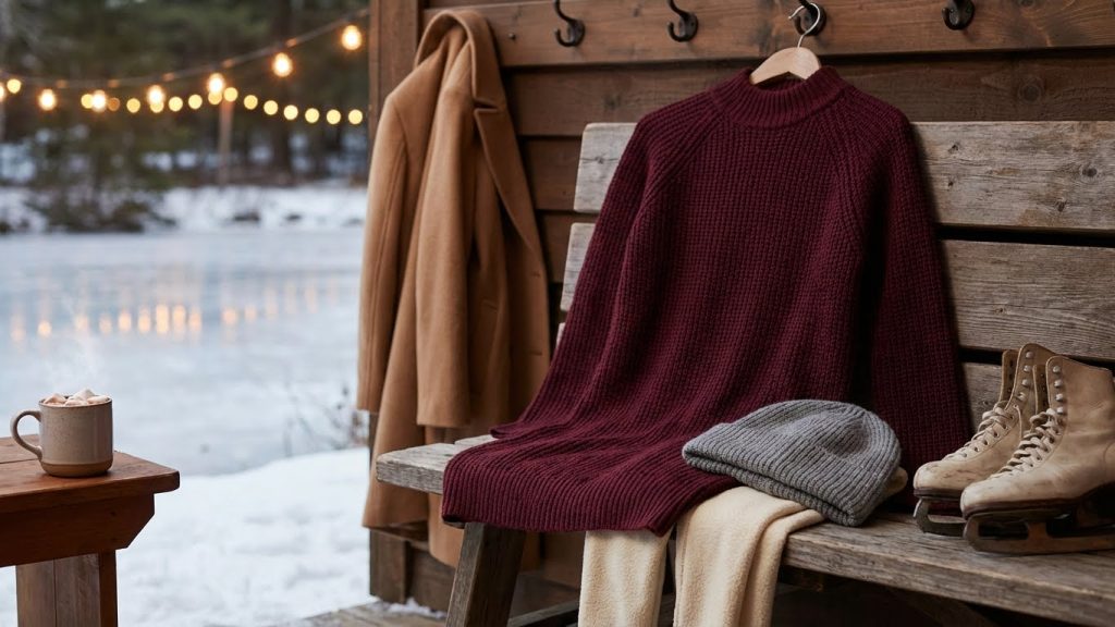 Warm winter ice skating date outfit with a burgundy sweater, gray beanie, and beige ice skates on a wooden bench.