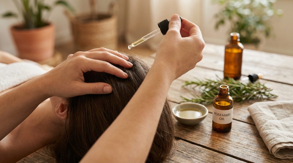 Person receiving a rosemary oil scalp massage for natural hair growth treatment.