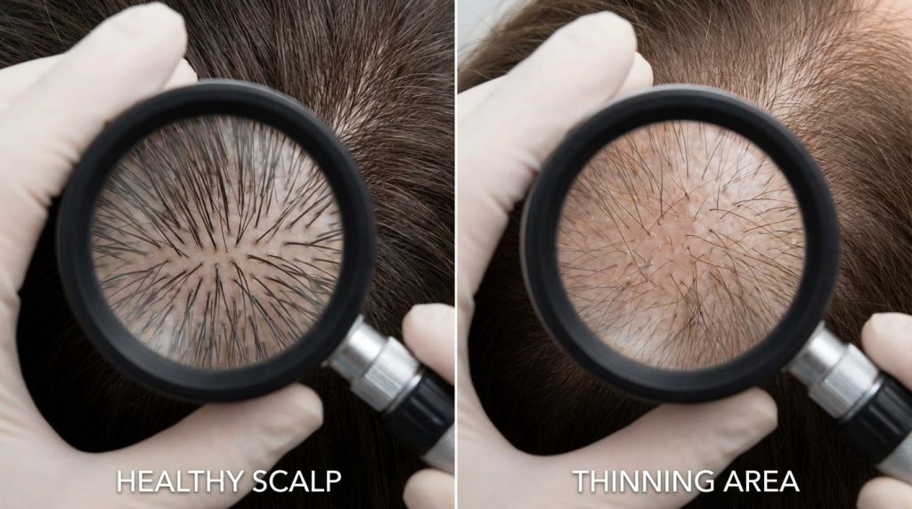 Healthy vs. thinning scalp hair under magnification, showing hair loss patches.