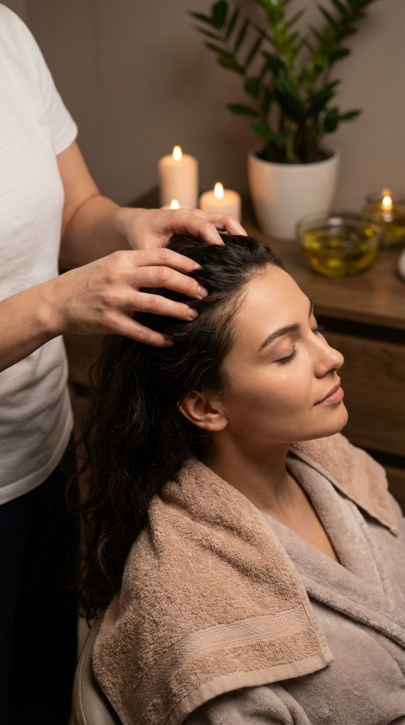 Woman getting a relaxing scalp massage, promoting blood circulation for hair growth.