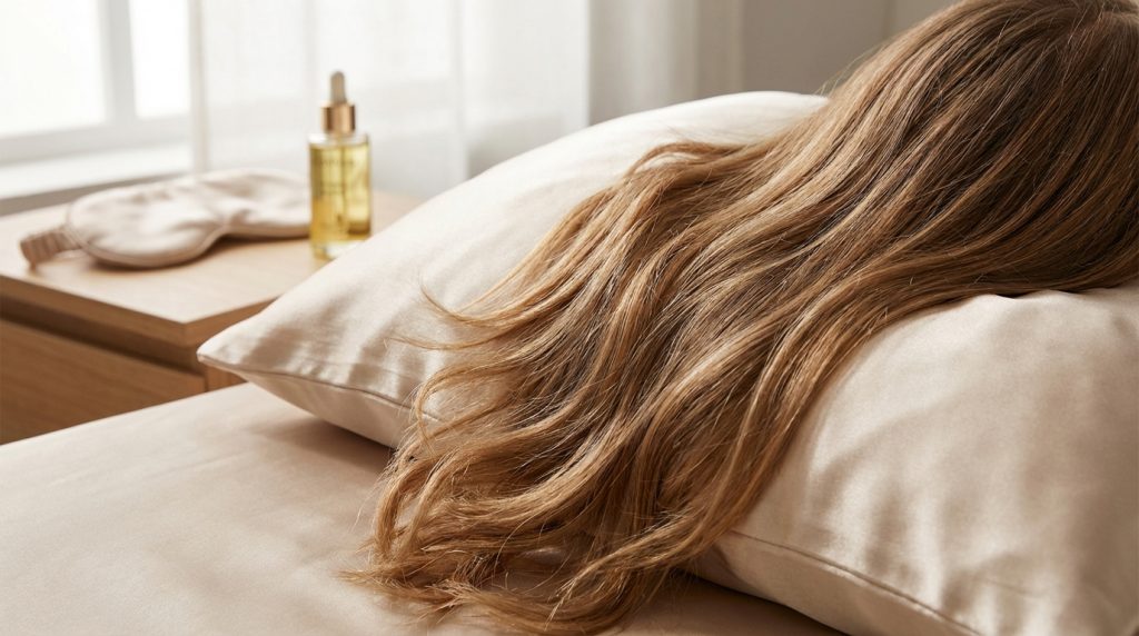 Long blonde hair on a silk satin pillowcase, reducing hair breakage.