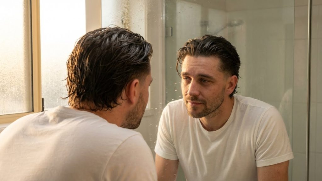 Man with slicked-back low taper haircut looking in a steamy bathroom mirror.