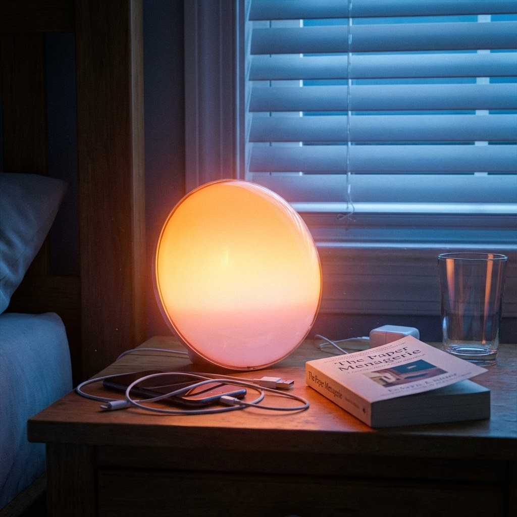 Sunrise alarm clock bedside with phone charging and book.