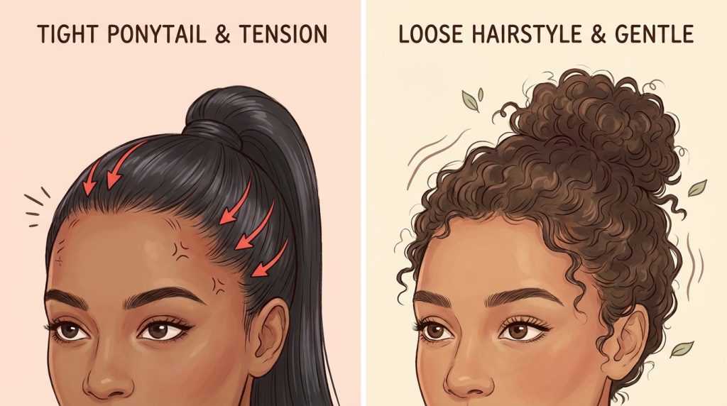 Illustration comparing hair damage from tight ponytail vs. healthy loose hairstyle.