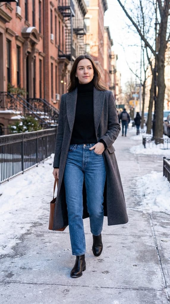 Woman in black turtleneck, gray coat, jeans, and Chelsea boots walking on snowy sidewalk.