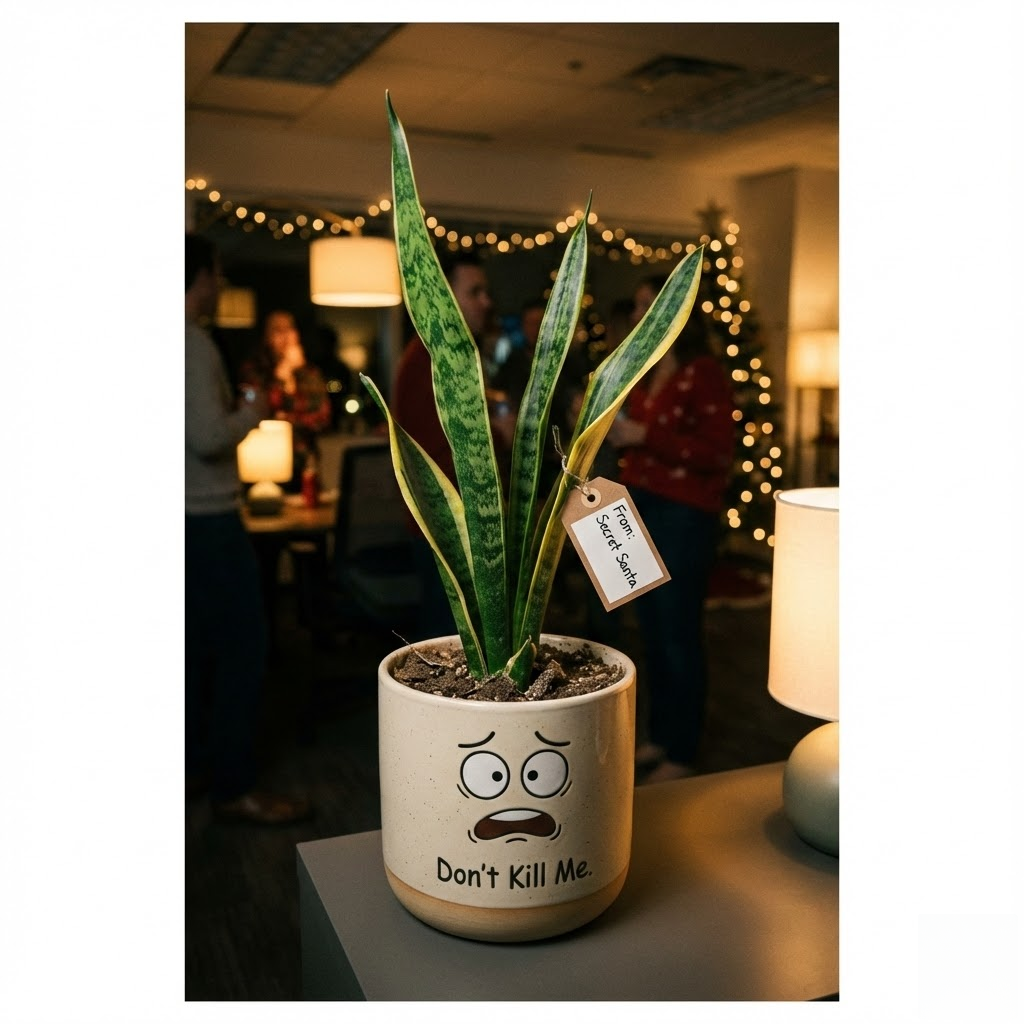 Snake plant in a 'Don't Kill Me' pot with a Secret Santa tag.