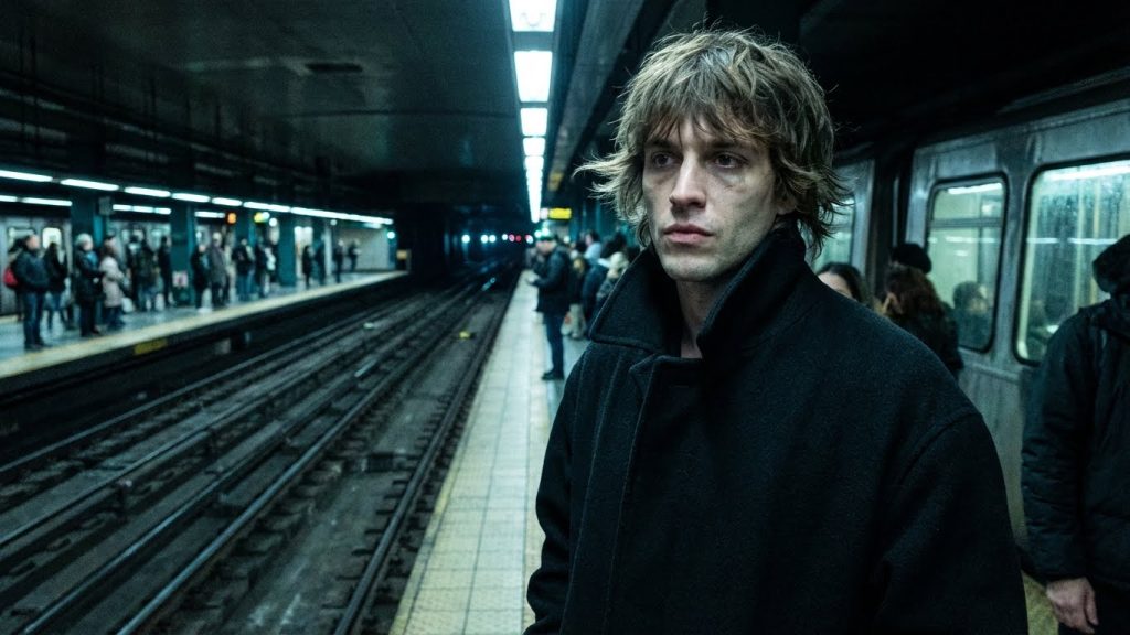 Man with wolf cut hairstyle in subway at night.
