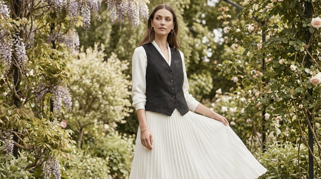 Person in black vest and white pleated dress standing in a garden with wisteria and rose blooms
