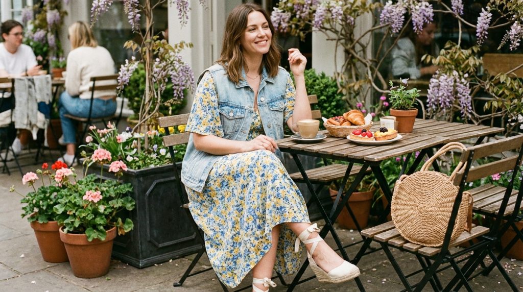 Person seated at outdoor cafe table with coffee, croissants and pastries, surrounded by potted flowers and wisteria.