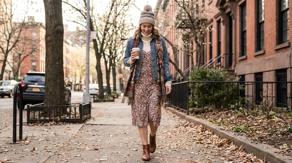 Person in knit hat and scarf walks on a tree-lined city sidewalk holding a coffee, with brownstone buildings behind.