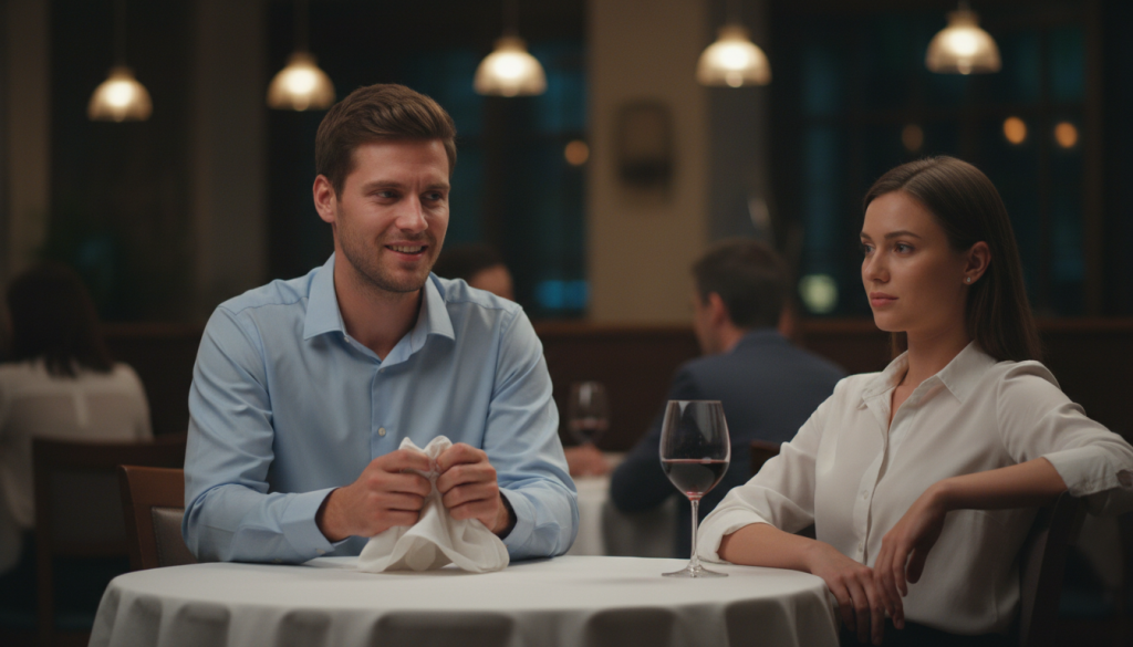 Two people seated at a restaurant table with a glass of red wine, warm pendant lights, and other diners in background