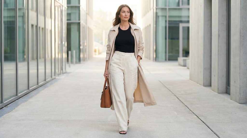 Woman in trench coat and cream trousers walks between modern glass buildings, carrying a brown handbag.
