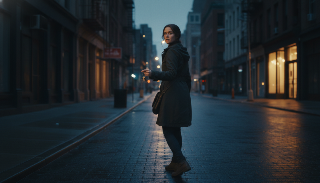 Person in a long coat crossing a wet city street at dusk, holding keys, with blurred buildings and streetlights.