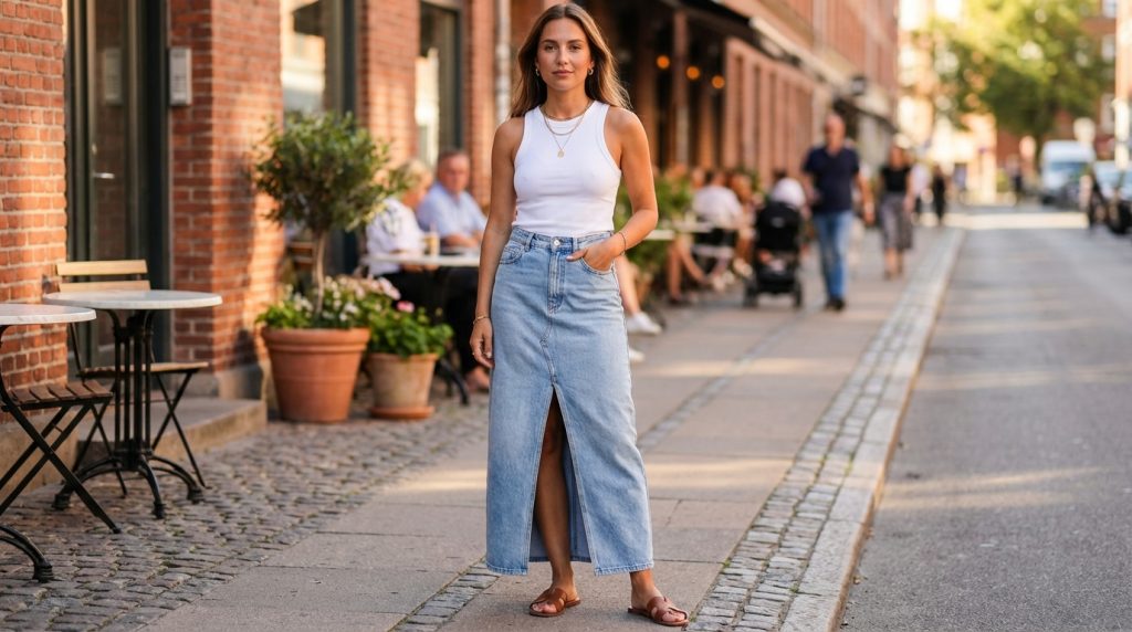 Person in white tank top and long denim skirt stands on a sunny city sidewalk by brick buildings and cafe tables
