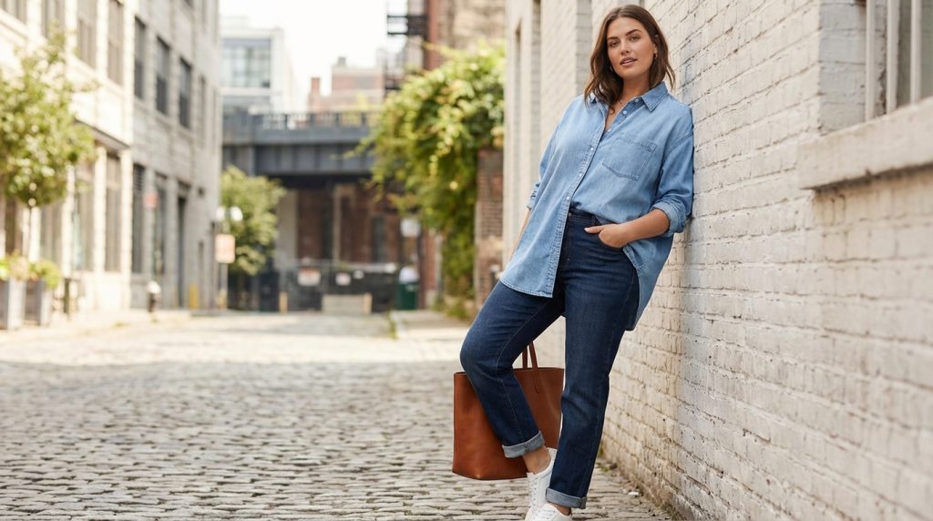 Person in denim shirt and jeans leans against a brick wall on a cobblestone street, holding a brown tote.