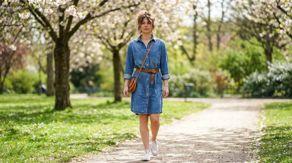 Person in a denim shirt dress with belt and crossbody bag walking on a sunlit park path under blooming trees