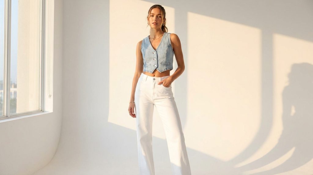 Person in denim vest and white jeans posing in sunlit studio with window shadows on wall