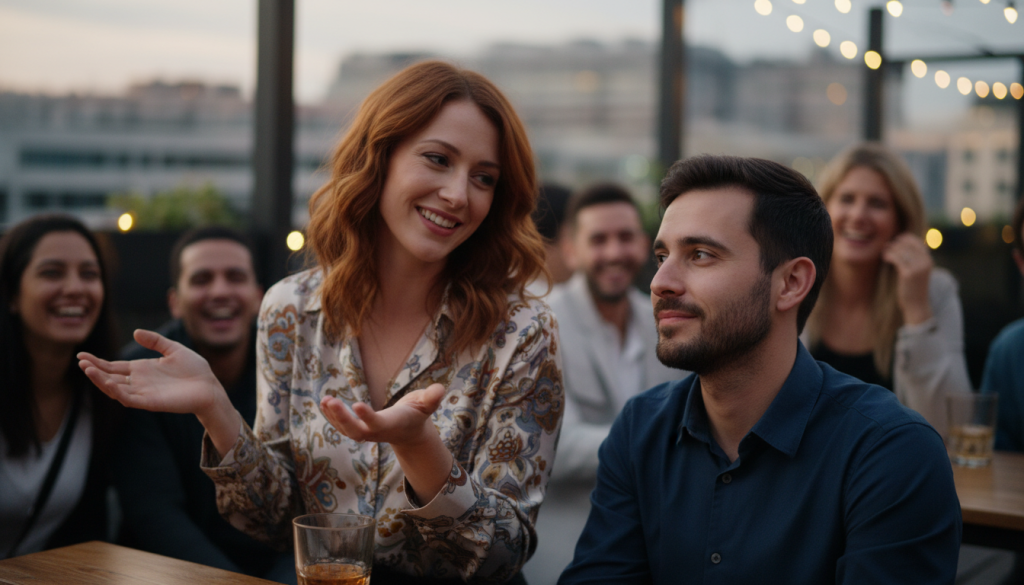 People conversing at an outdoor rooftop bar at dusk, with string lights and city buildings in the background.