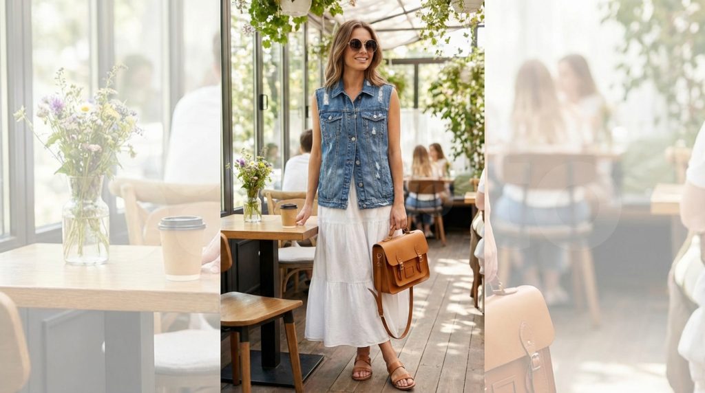 Person in denim vest and white maxi dress holding a brown satchel in a sunlit café with plants and tables