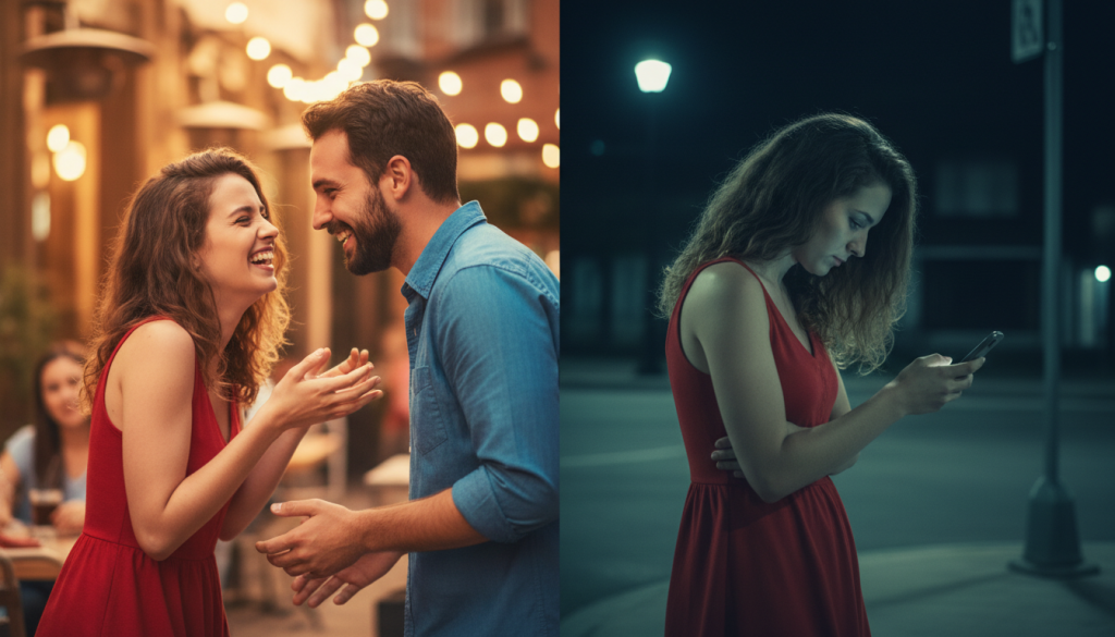 Split image: couple arguing on a warmly lit street; woman alone at night under a streetlight, checking her phone