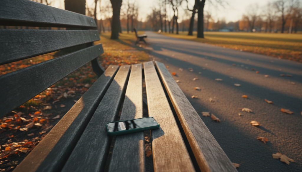 Smartphone left on a wooden park bench beside a tree-lined path in autumn light