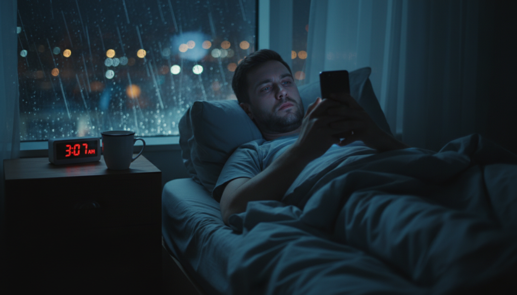 Person in bed using a phone at 3:07 AM, rain on window with city lights, alarm clock and mug on nightstand