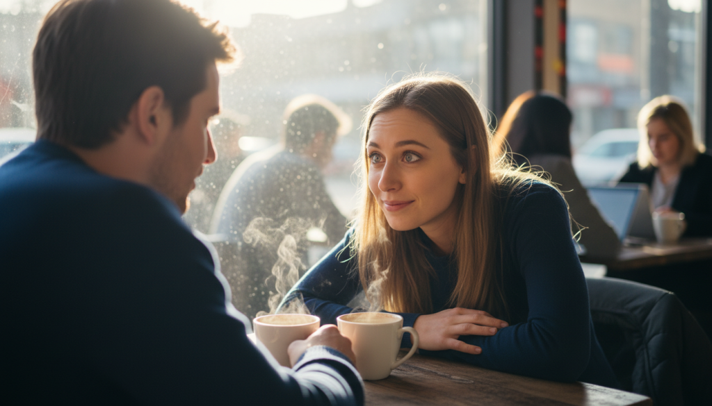 Two people talking at a cafe table with steaming coffee cups, sunlight through window, other patrons in background