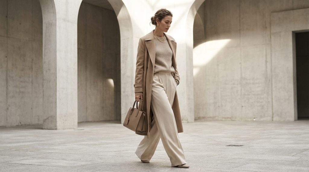 Person in beige trench coat and cream trousers walking through a concrete archway, carrying a taupe handbag.