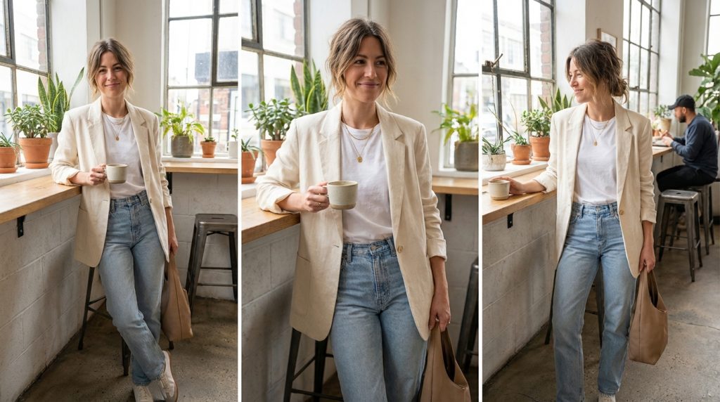 Woman in beige blazer and jeans holding a coffee mug and tote bag by a sunny cafe window with plants
