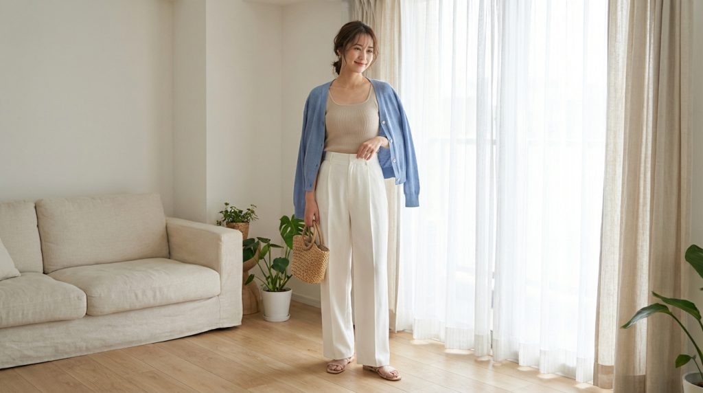 Person in blue cardigan, beige tank top, and white trousers holding a woven bag in a bright living room.