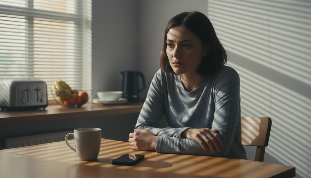Person sitting at a kitchen table with a mug and phone, sunlight through blinds casting striped shadows.