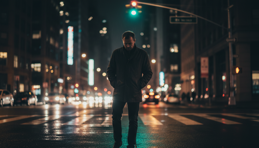 Person standing in a wet city street at night under a green traffic light, with blurred headlights and neon signs behind.