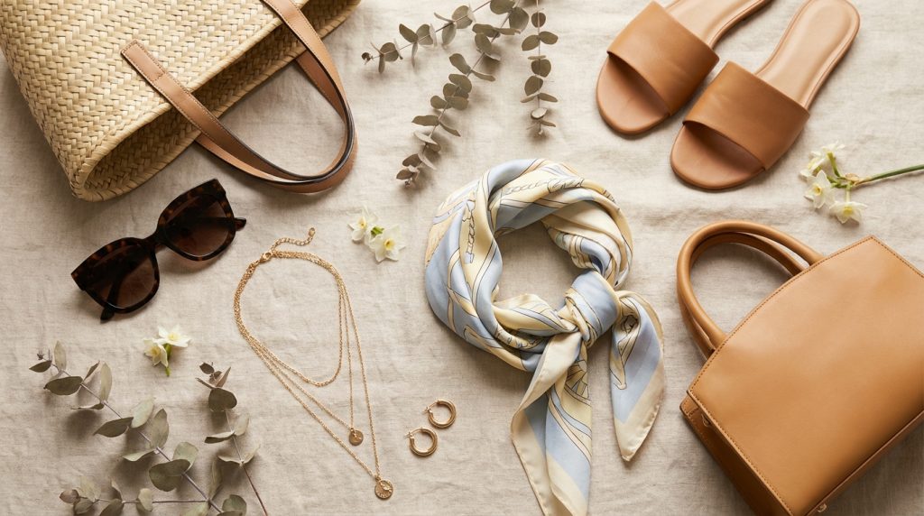 Flat lay of summer accessories: woven tote, tan sandals and bag, sunglasses, scarf, jewelry, and eucalyptus sprigs.