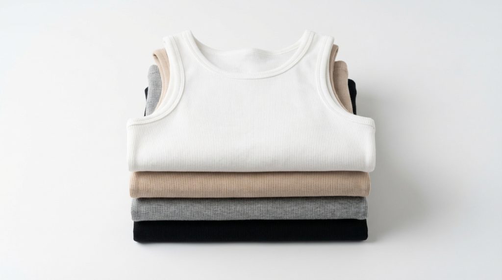 Stack of folded ribbed tank tops in white, beige, gray, and black on a light background