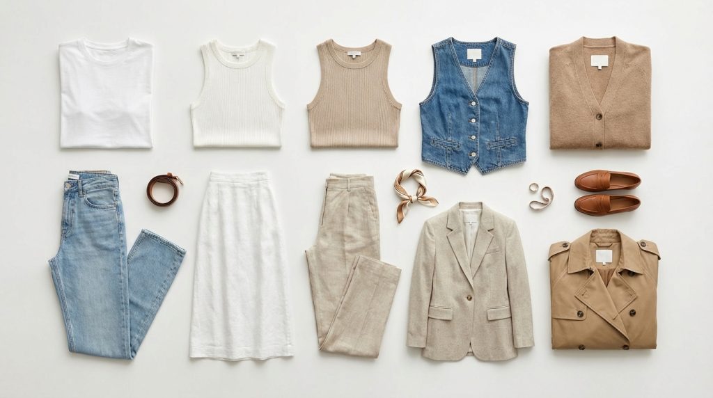Flat lay of neutral capsule wardrobe: tops, jeans, skirt, trousers, denim vest, blazer, trench coat, shoes, belt.