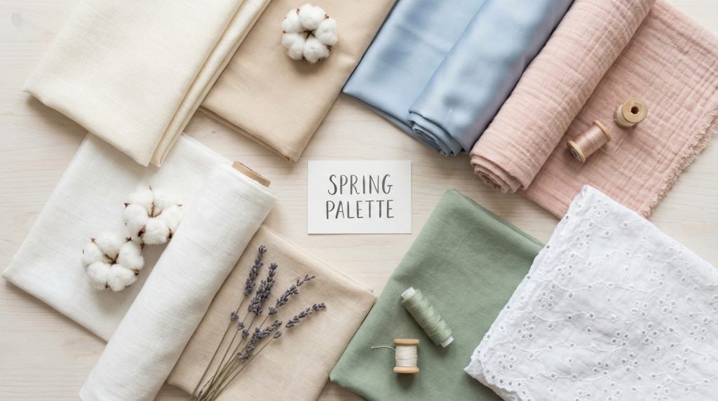 Flat lay of pastel fabric swatches with cotton bolls, lavender, thread spools, and a card reading “Spring Palette”