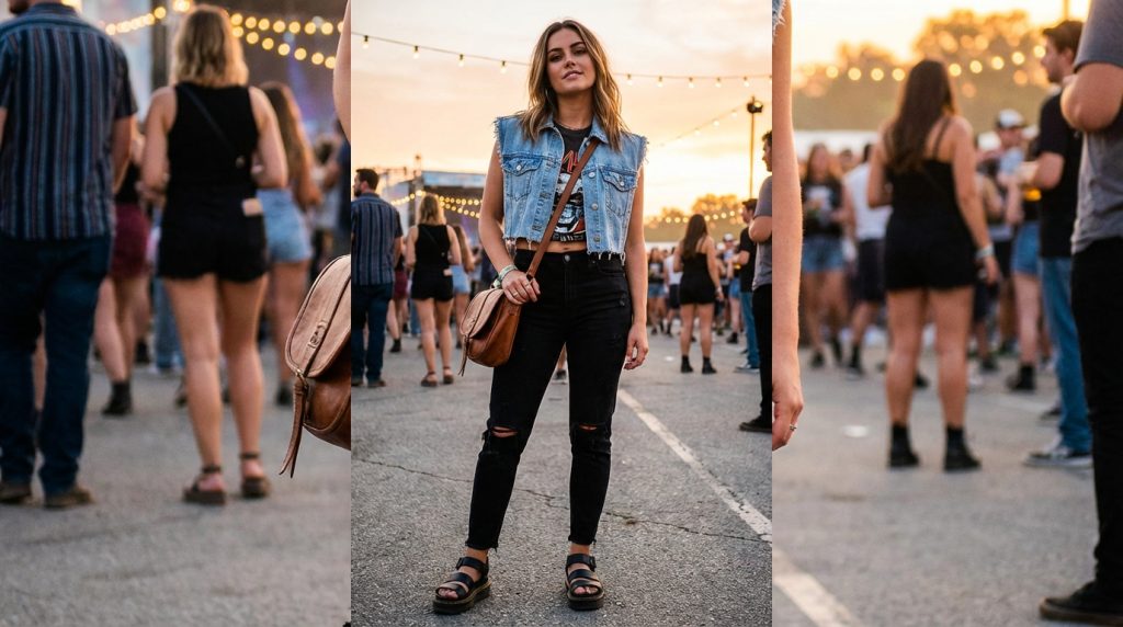 Person in denim vest and ripped black jeans with crossbody bag at outdoor festival at sunset with string lights