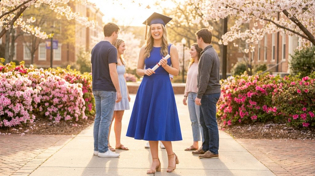Graduate in cap and blue dress holds diploma on a flower-lined campus path with friends under blooming trees.
