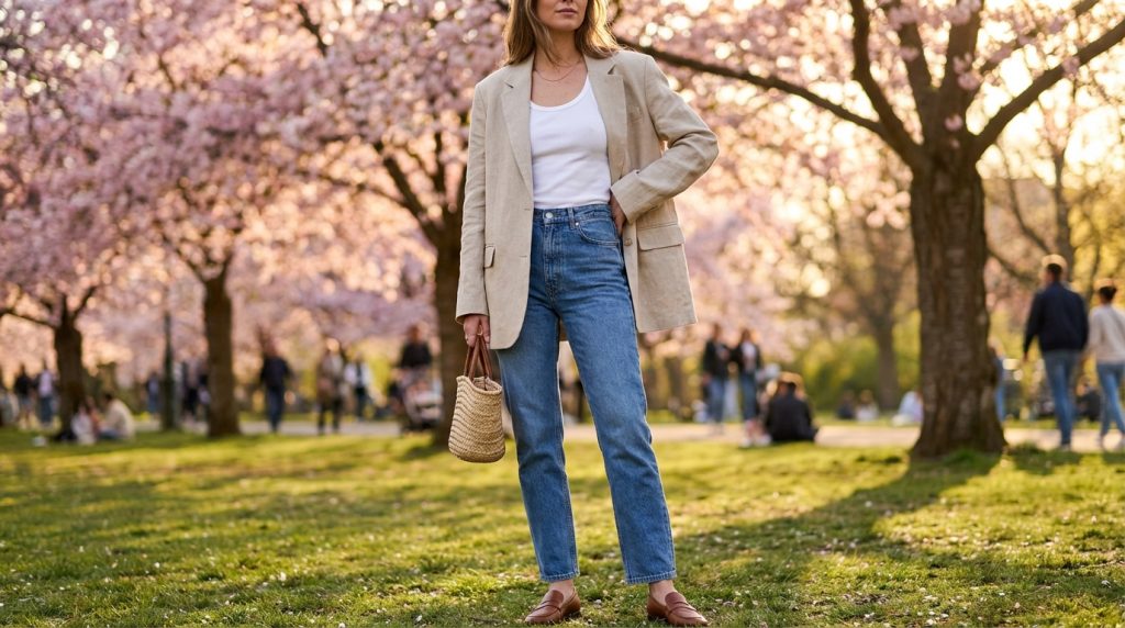 Woman in beige blazer and jeans holding a woven bag in a park with blooming cherry trees at sunset