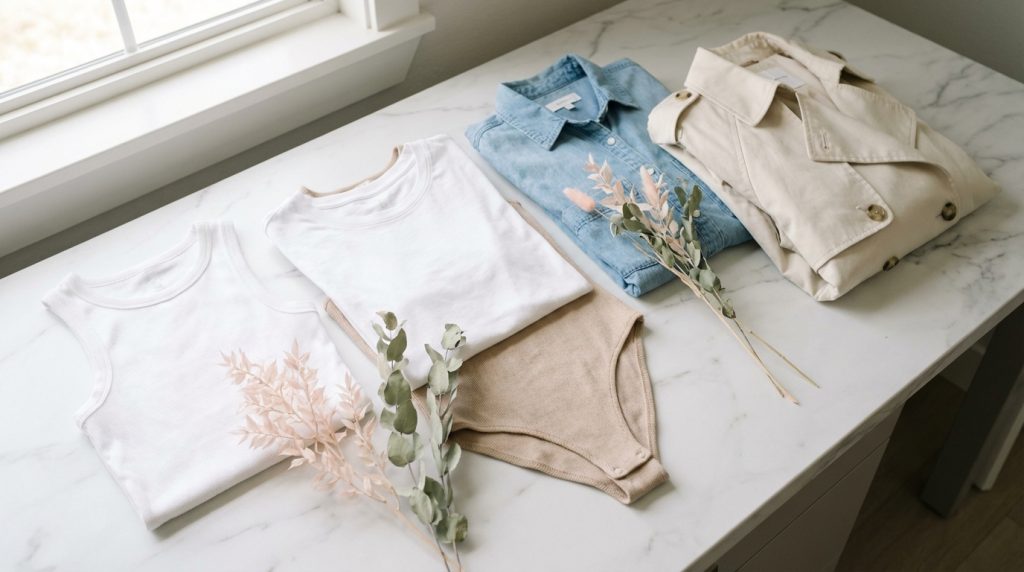 Folded clothes on a marble counter: white tank and tee, beige knit top, denim shirt, and beige trench with sprigs of leaves
