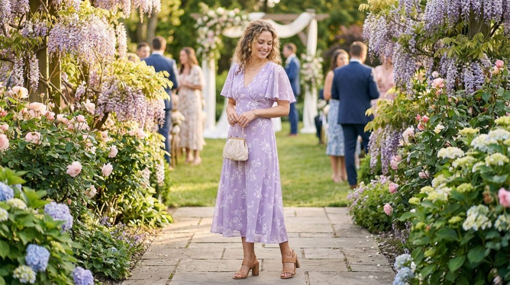 Woman in a lavender floral dress stands on a garden path lined with wisteria and roses at an outdoor wedding.