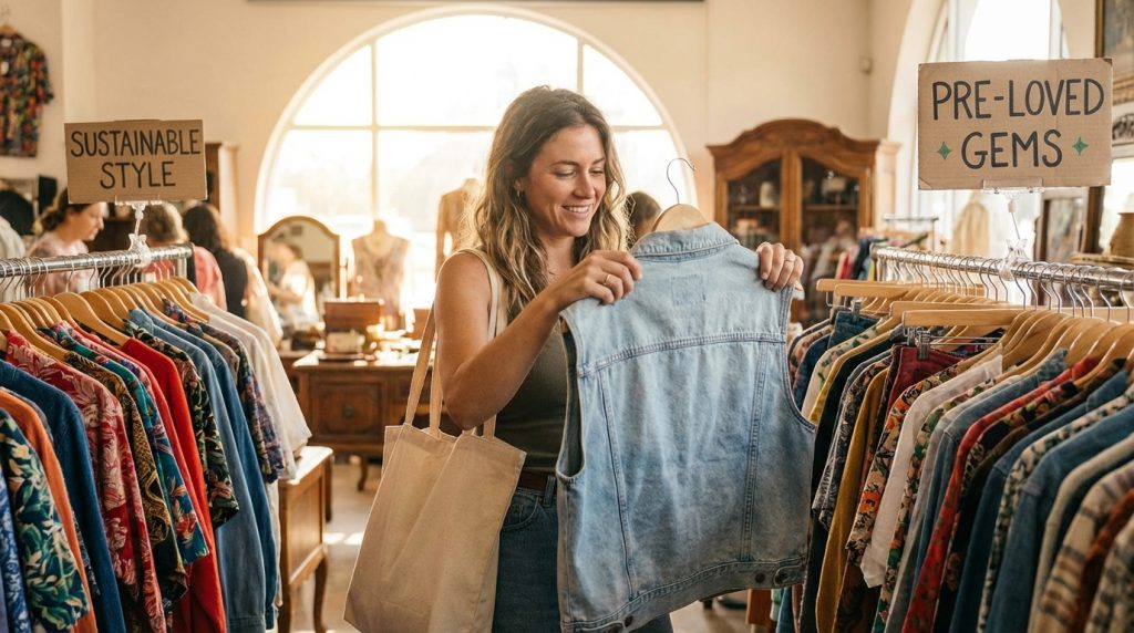 Shopper holding a denim vest in a thrift store between clothing racks labeled “Sustainable Style” and “Pre-Loved Gems”