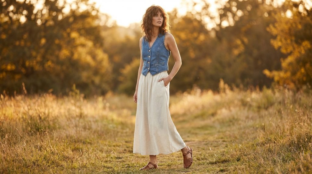 Person in denim vest and long cream skirt standing on a grassy path at sunset with trees in background