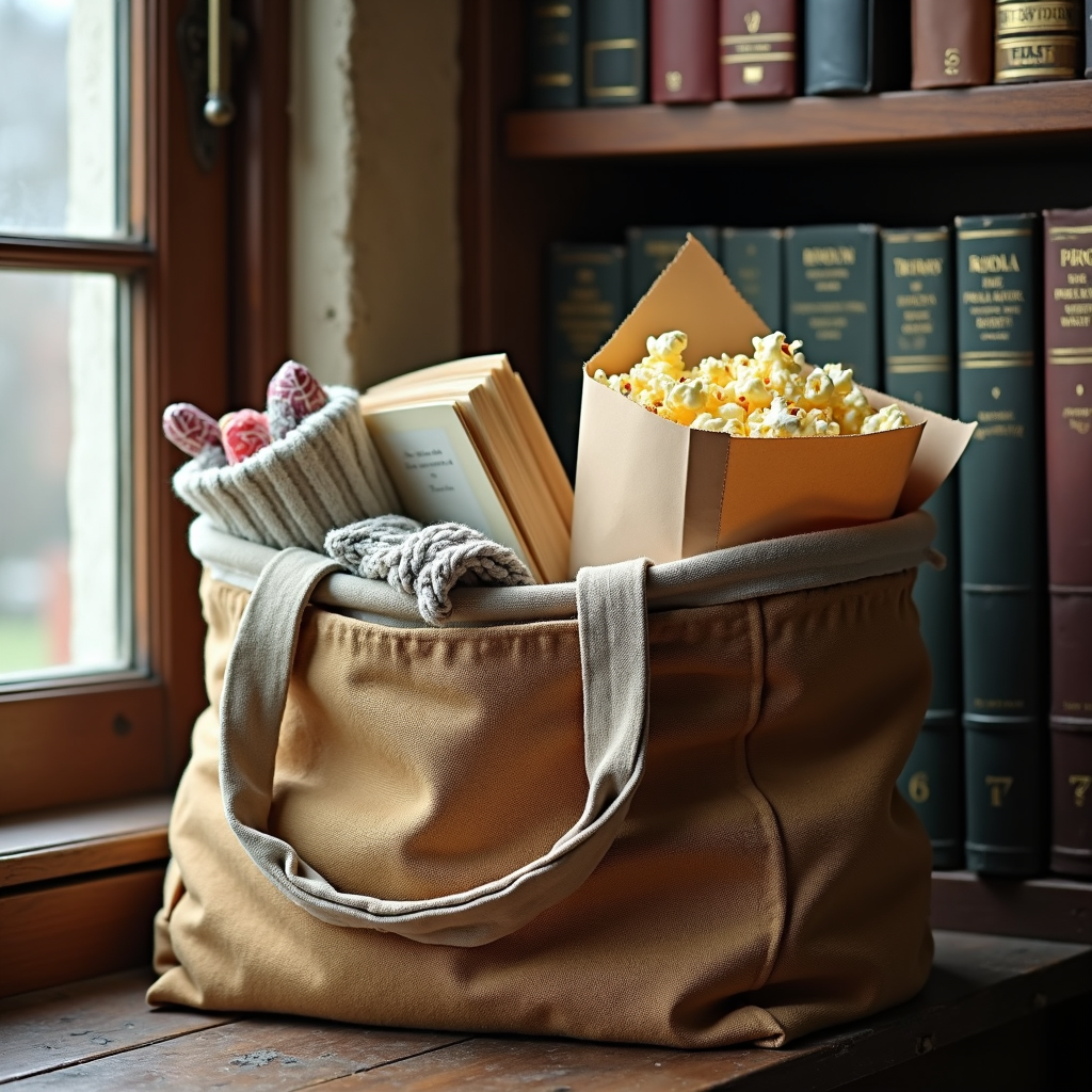 Canvas tote on windowsill with books, mittens, knitted scarf, and a paper box of popcorn by a bookshelf
