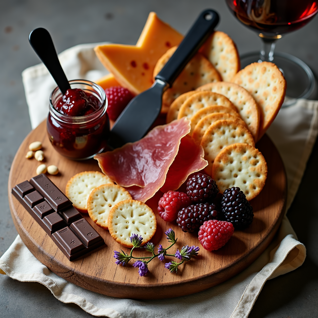 Charcuterie board with crackers, cheese, prosciutto, berries, jam, chocolate, and a glass of red wine