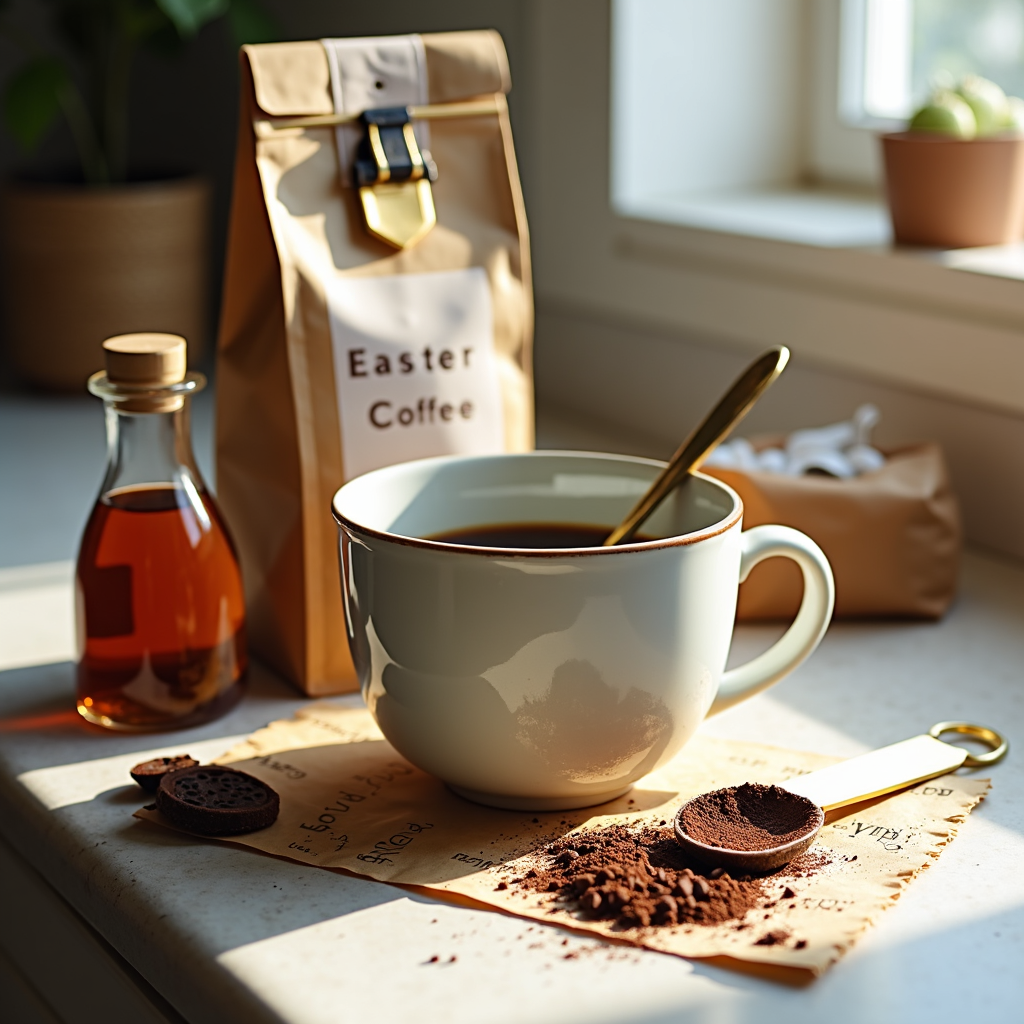 Cup of coffee with spoon on a sunlit counter, next to a bag labeled “Easter Coffee” and a small bottle of syrup