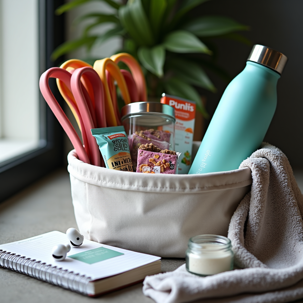 White tote with colorful straws, snacks, and turquoise water bottle on counter beside notebook, earbuds, and towel